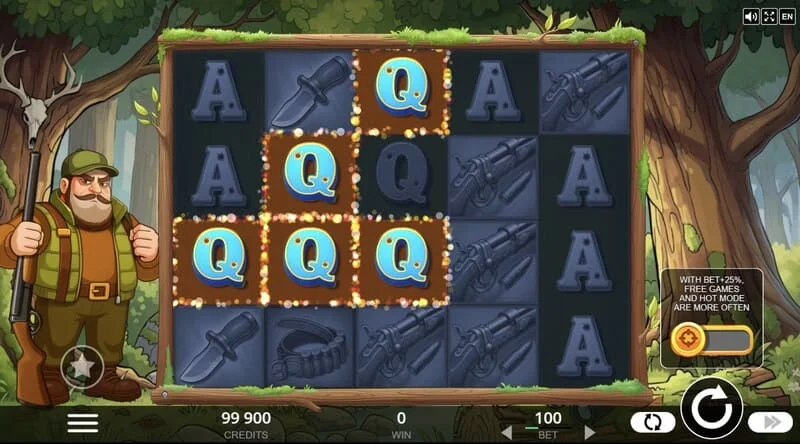 Hunt the Bucks - 森の獣とコインシンボルがある5x4のメインゲーム画面