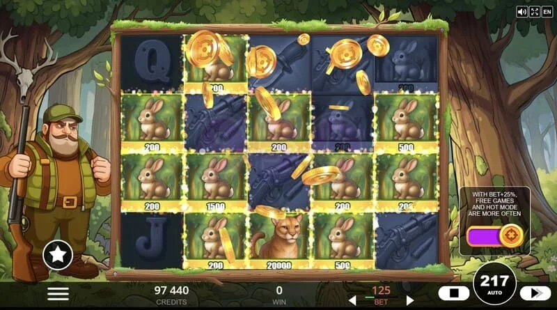 Hunt the Bucks - グリッド上のHunter-Wild、Scatter、およびAnimal Creditの特殊シンボル